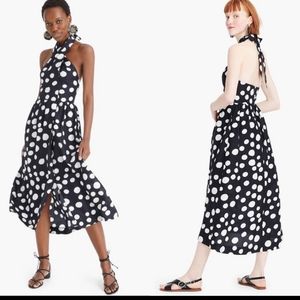 J Crew silk wrap polka dot halter flare leg split dress back neck ties